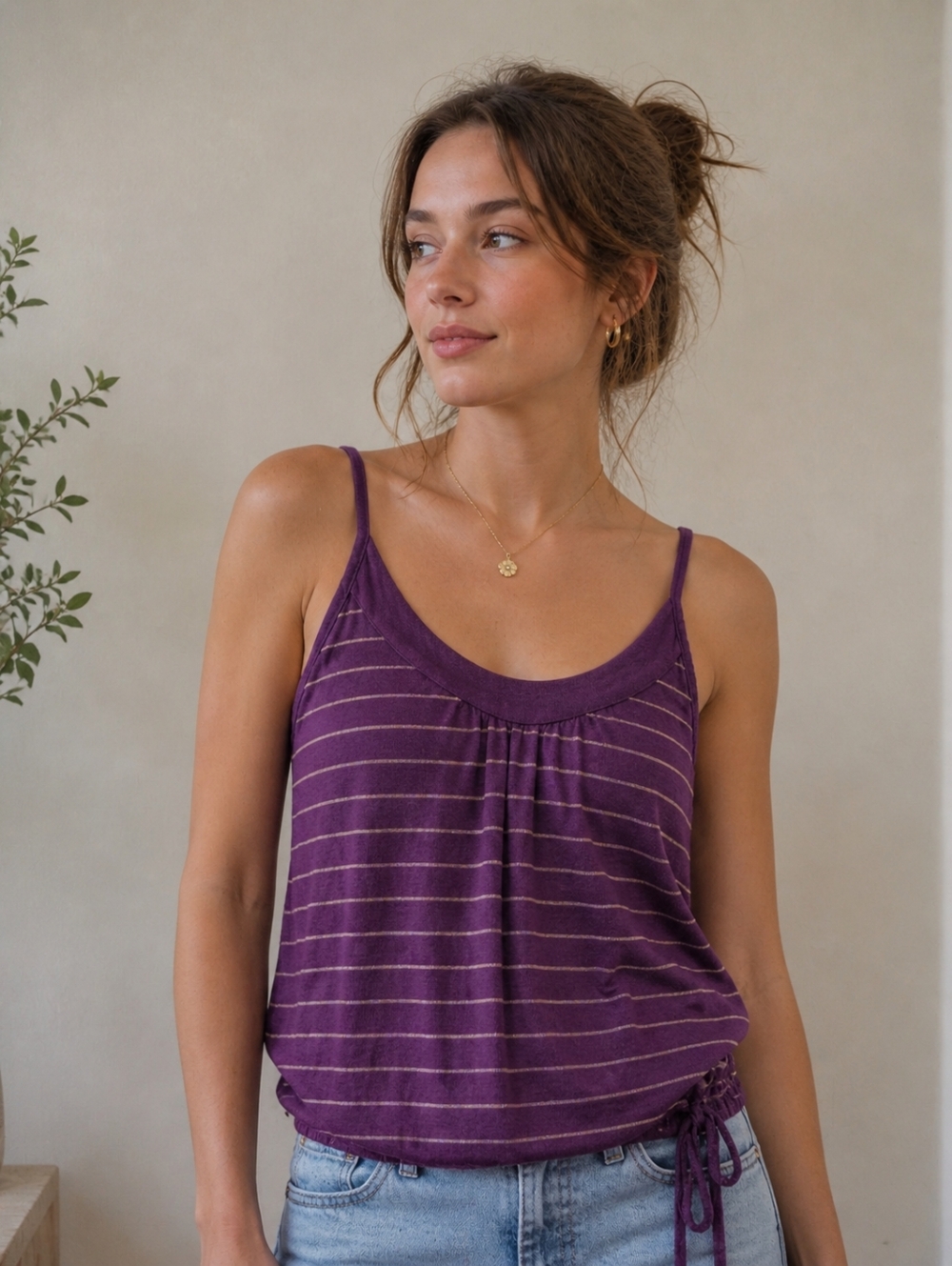 PURPLE STRIPED CAMISOLE FLOWY TANK TOP ADJUSTABLE HEM RELAXED FIT SIZE SMALL